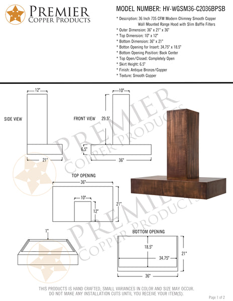36" 735 CFM Modern Chimney Smooth Copper Wall Mounted Range Hood with Slim Baffle Filters