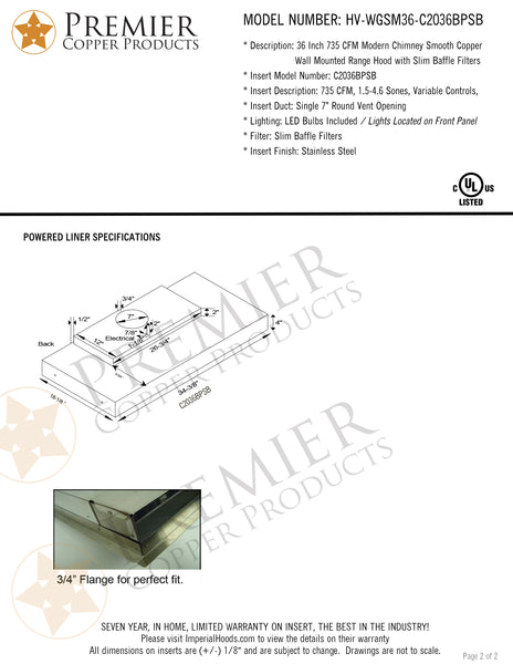 36" 735 CFM Modern Chimney Smooth Copper Wall Mounted Range Hood with Slim Baffle Filters