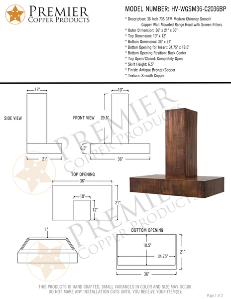 36" 735 CFM Modern Chimney Smooth Copper Wall Mounted Range Hood with Screen Filters
