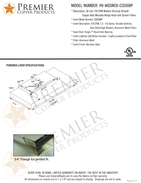 36" 735 CFM Modern Chimney Smooth Copper Wall Mounted Range Hood with Screen Filters
