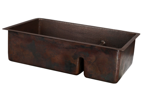 33" Hammered Copper Kitchen 70/30 Double Basin Sink with Short 5" Divider