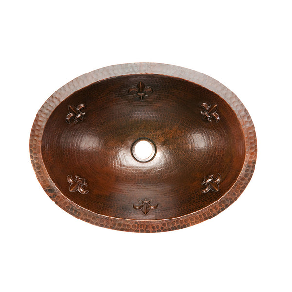 LO19FFLDB - Oval Fleur De Lis Under Counter Hammered Copper Sink