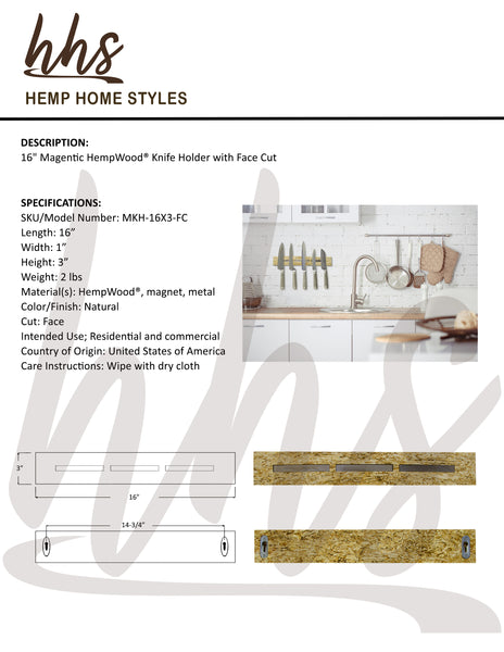 Hemp Home Styles MKH-16X3-FC 16" Magnetic HempWood® Knife Holder with Face Cut