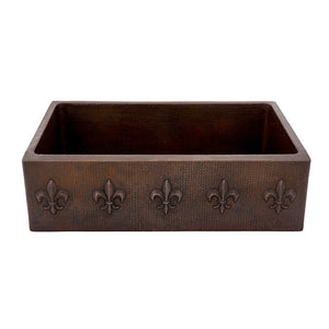 KASDB33229F - 33" Hammered Copper Kitchen Apron Single Basin Sink w/ Fleur De Lis