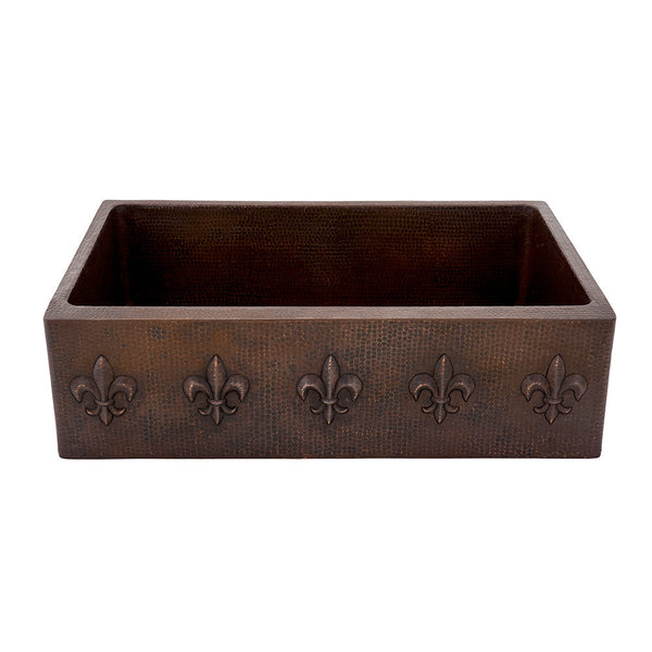 KASDB33229F - 33" Hammered Copper Kitchen Apron Single Basin Sink w/ Fleur De Lis