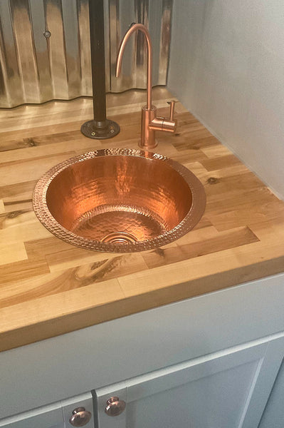 BR12PC2 - 12" Round Hammered Copper Bar Sink with 2" Drain Opening in Polished Copper