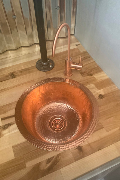 BR12PC2 - 12" Round Hammered Copper Bar Sink with 2" Drain Opening in Polished Copper