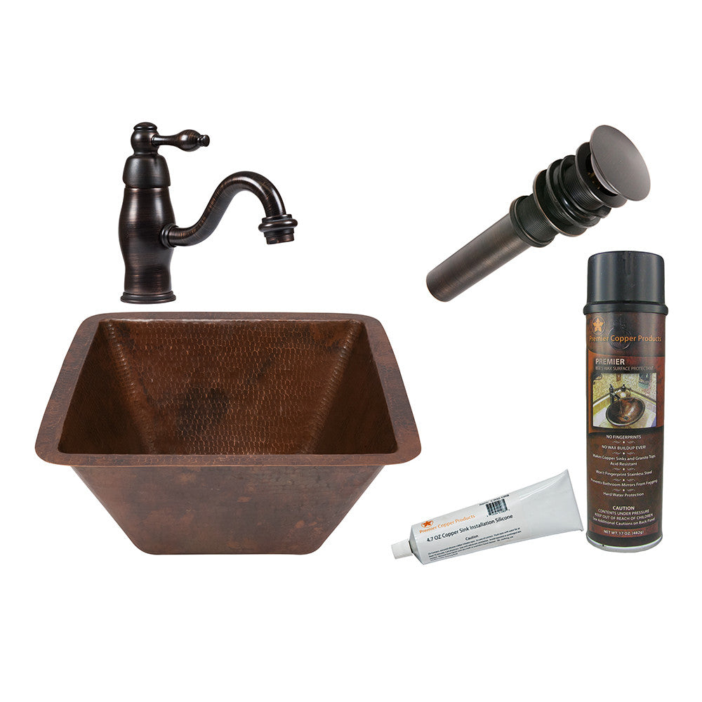 LSQ15DB - 15" Square Under Counter Hammered Copper Bathroom Sink