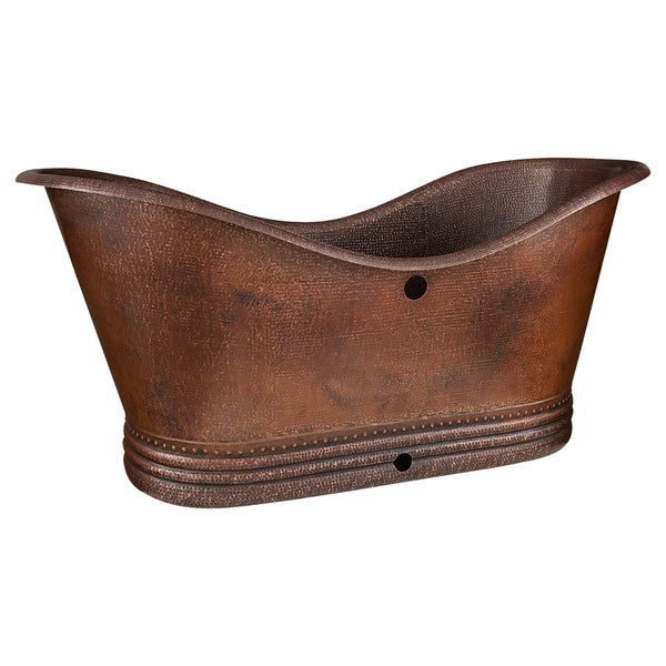 Premier Copper Products BTD67DBOF - 67" Hammered Copper Double Slipper Bathtub with Overflow Holes