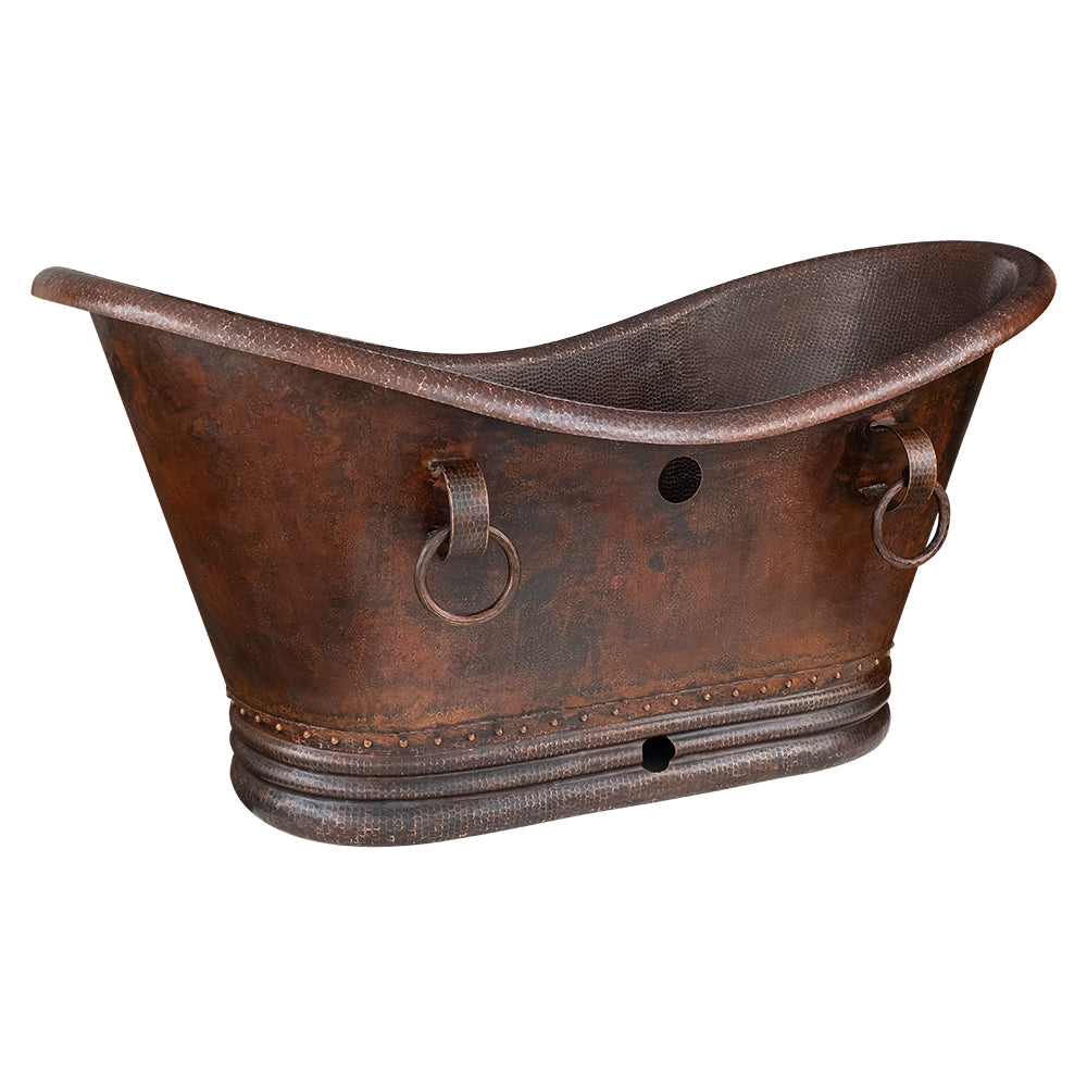 Premier Copper Products BTDR60DBOF - 60" Hammered Copper Double Slipper Bathtub with Rings and Overflow Holes