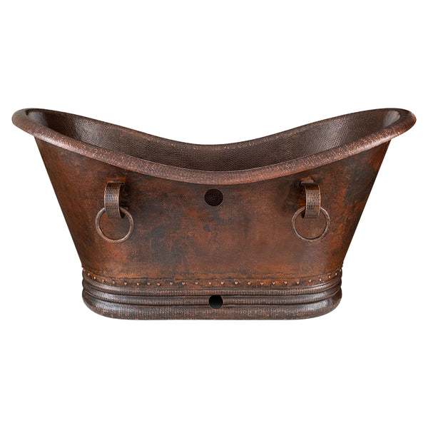 Premier Copper Products BTDR60DBOF - 60" Hammered Copper Double Slipper Bathtub with Rings and Overflow Holes
