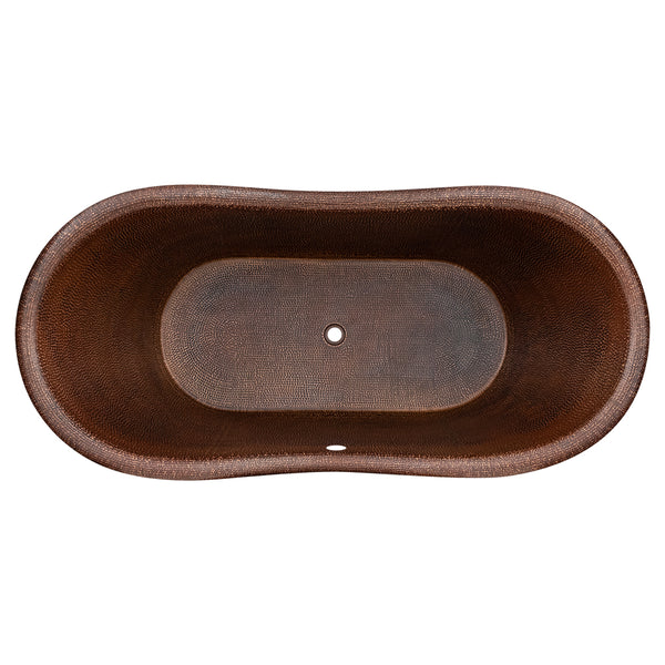 Premier Copper Products BTDR67DBOF - 67" Hammered Copper Double Slipper Bathtub with Rings and Overflow Holes