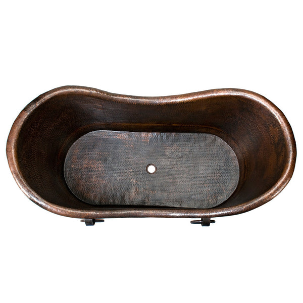 Premier Copper Products BTDR67DB - 67" Hammered Copper Double Slipper Bathtub With Rings