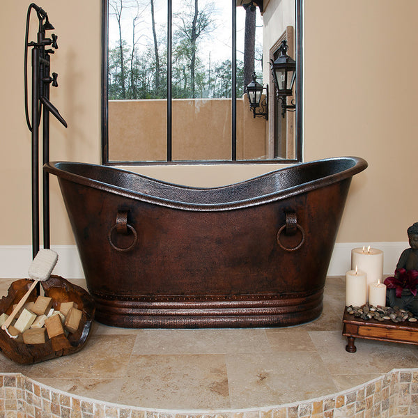 Premier Copper Products BTDR67DB - 67" Hammered Copper Double Slipper Bathtub With Rings