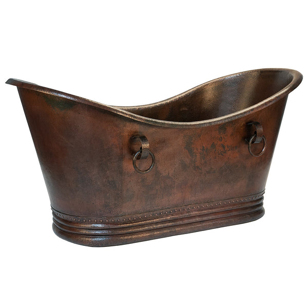 Premier Copper Products BTDR72DB - 72" Hammered Copper Double Slipper Bathtub With Rings