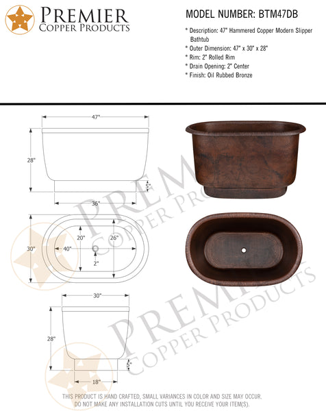 Premier Copper Products BTM47DB - 47" Small Hammered Copper Modern Style Bathtub