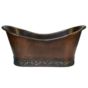 Premier Copper Products BTN67DB - 67" Hammered Copper Double Slipper Bathtub with Scroll Base and Nickel Inlay