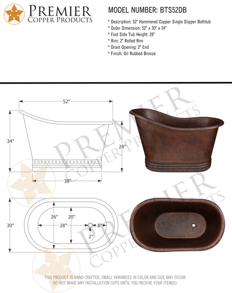 Premier Copper Products BTS52DB - 52" Small Hammered Copper Single Slipper Bathtub