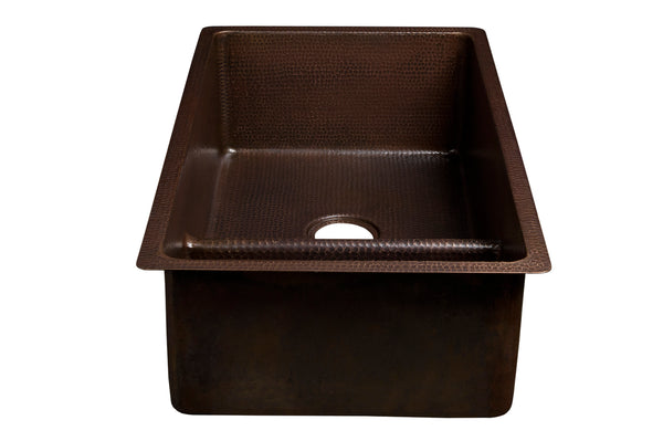 33" Hammered Copper Kitchen 70/30 Double Basin Sink with Short 5" Divider w/ Matching Drains and Accessories