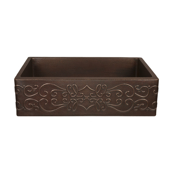 KASDB30229S - 30" Hammered Copper Kitchen Apron Single Basin Sink with Scroll Design