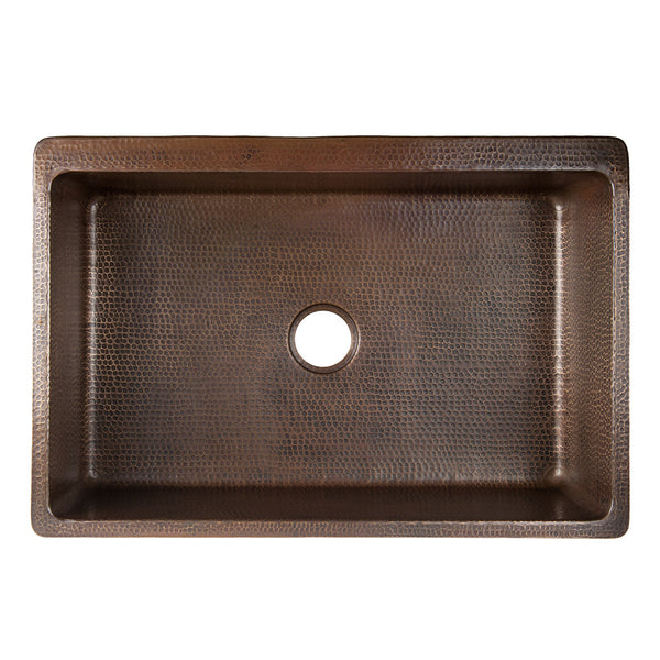 KASDB33229G-NB - 33" Hammered Copper Kitchen Apron Single Basin Sink w/ Vineyard Design and Apron Front Nickel Background
