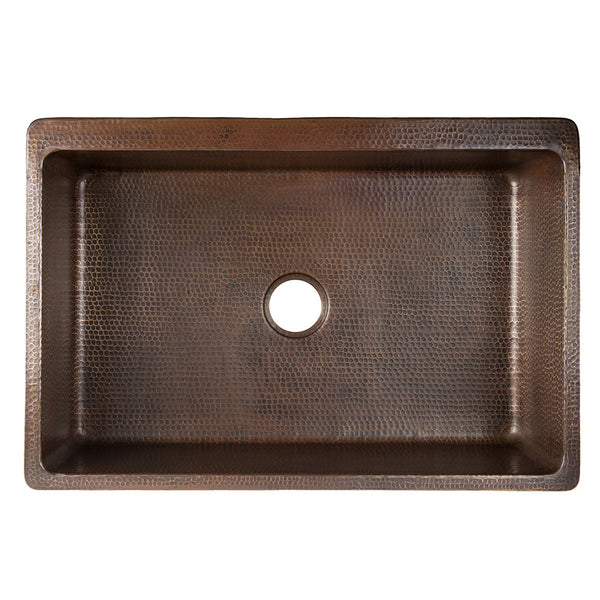 KASDB33229S-NB - 33" Hammered Copper Kitchen Apron Single Basin Sink w/ Scroll Design and Apron Front Nickel Background
