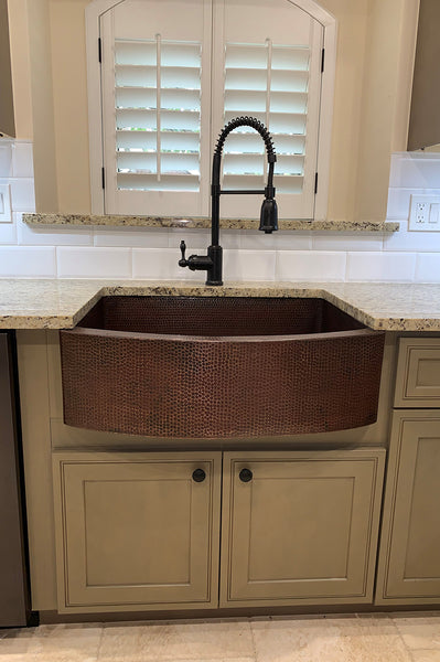 30" Hammered Copper Kitchen Rounded Apron Single Basin Sink
