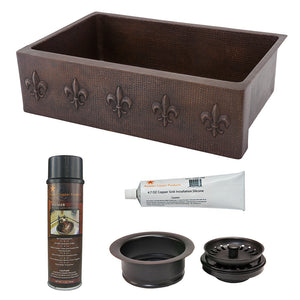 KSP3_KASDB33229F - 33" Hammered Copper Kitchen Apron Single Basin Sink w/ Fleur De Lis with Matching Drain and Accessories.
