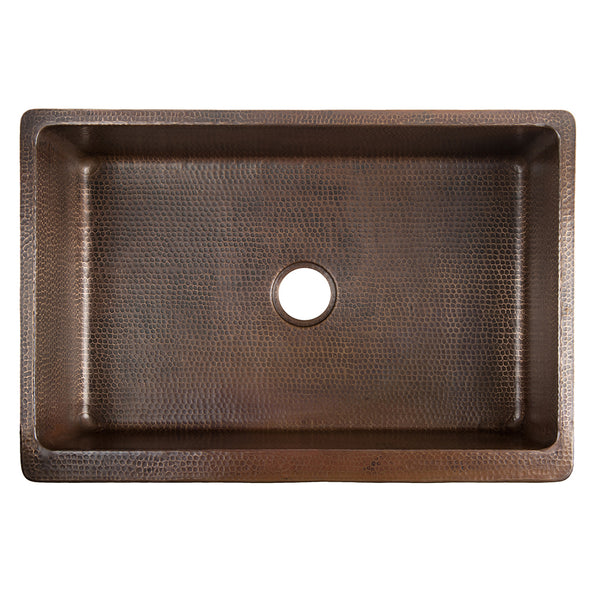 33" Hammered Copper Kitchen Apron Single Basin Sink w/ Scroll Design and Apron Front Nickel Background with Matching Drain and Accessories