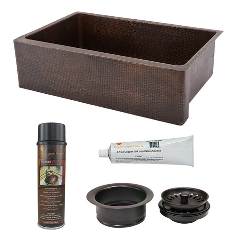KSP3_KASDB33229 - 33" Hammered Copper Kitchen Apron Single Basin Sink with Matching Drain, and Accessories
