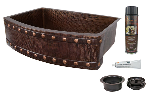 30" Hammered Copper Kitchen Rounded Apron Single Basin Sink with Barrel Strap Design with Matching Drains, and Accessories