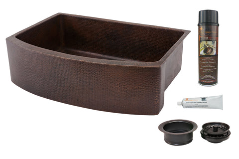 30" Hammered Copper Kitchen Rounded Apron Single Basin Sink with Matching Drains, and Accessories