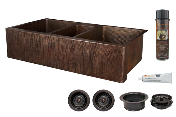 42" Hammered Copper Kitchen Apron Triple Basin Sink w/ Matching Drains and Accessories