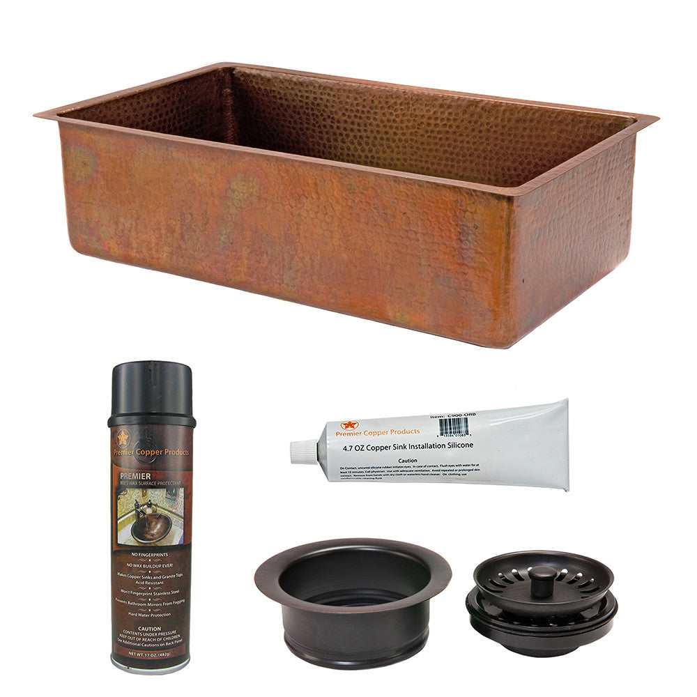 KSP3_KSB33199 - 33" Antique Hammered Copper Kitchen Single Basin Sink with Matching Drain and Accessories.