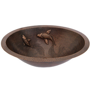Premier Copper Products LO19FKOIDB - 19" Oval Under Counter Hammered Copper Bathroom Sink with Koi Fish Design