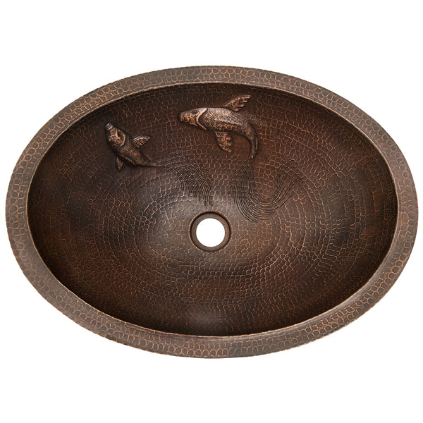 Premier Copper Products LO19FKOIDB - 19" Oval Under Counter Hammered Copper Bathroom Sink with Koi Fish Design