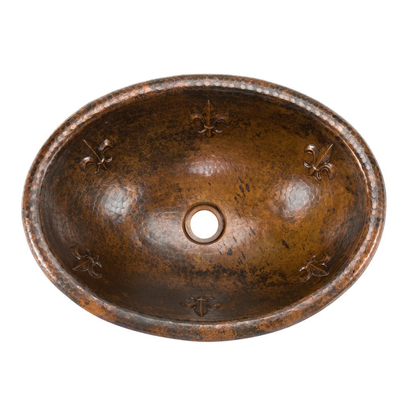 LO19RFLDB - Oval Fleur De Lis Self Rimming Hammered Copper Sink