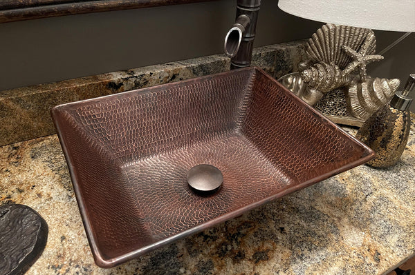 17" Rectangle Wired Rim Vessel Hammered Copper Sink